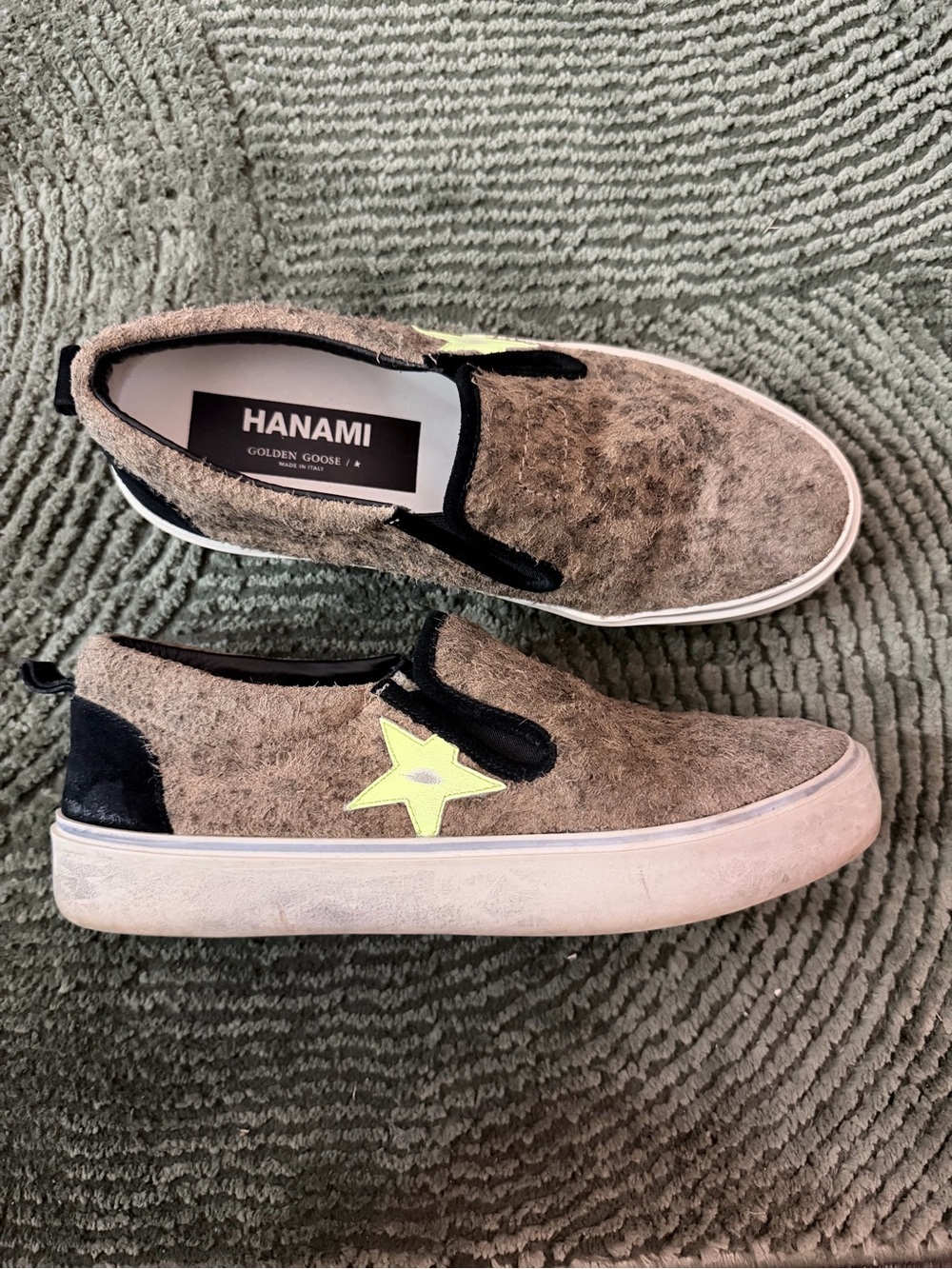 Golden Goose HANAMI Slip-On Sneakers - Taupe with Neon Yellow Star